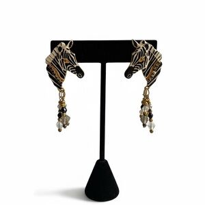 Vintage Lunch at the Ritz Zebra Head Earrings Gold Enamel Beaded Dangle Animal